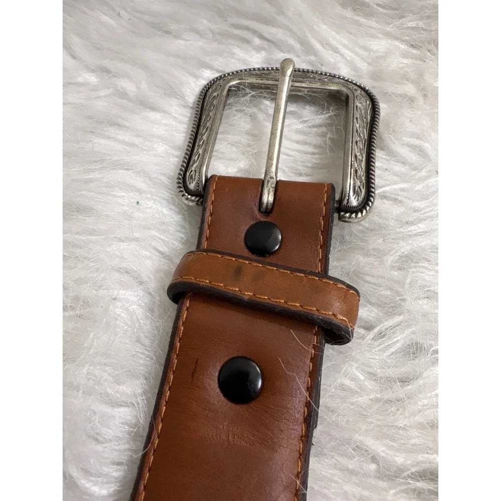 Vintage Western Brown Genuine Leather Belt Engraved Silver Buckle 46 11016